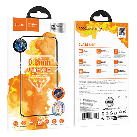 Защитное стекло для iPhone 16 Pro Max, A34 Slim, HOCO, Full screen HD tempered glass 0.2mm, черное
