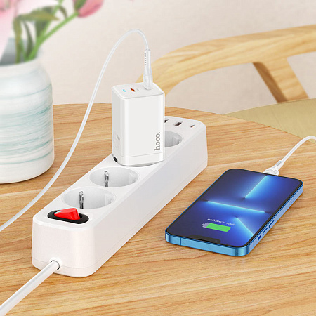 Сетевое зарядное устройство, 2 PD 45W (N23), HOCO, Type-C to Lightning, Безопасный сертификат, белый
