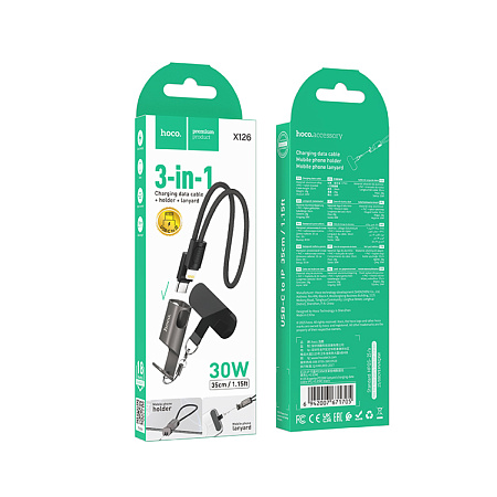 Кабель Lightning to Type-C (PD), HOCO, X126, 0.35 метра, шнурок на руку с креплением под чехол, 30W, черный