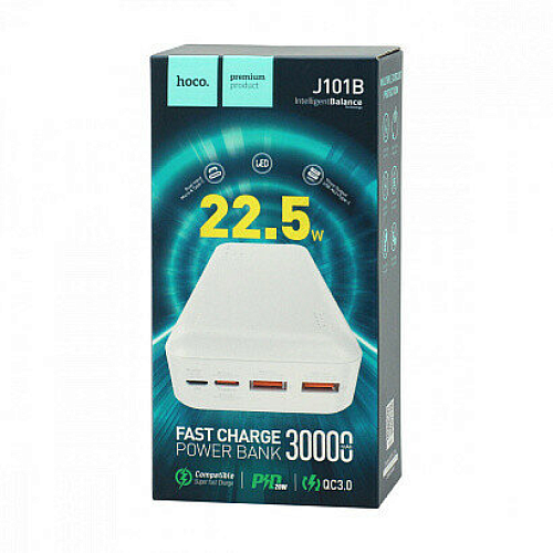 Универсальный Доп. Аккумулятор 30000mAh, J101B, HOCO, выход: 2 USB (22.5W)+1 PD (20W), белый