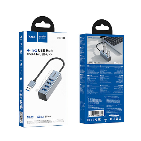 USB Хаб (HB1B) c 1 USB на 4 USB 3.0, HOCO, скорость передачи: до 5 Гбит/с, серый