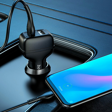 Автомобильное зарядное устройство, 2 USB 2.4A (Z36), usb cable Type-C, HOCO, черный