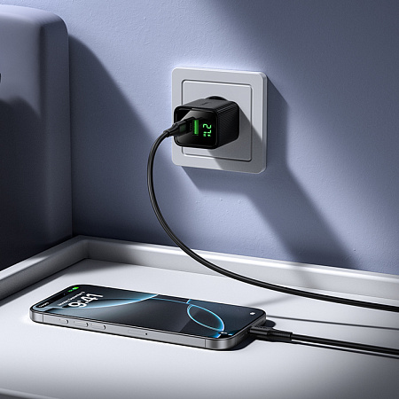 Сетевое зарядное устройство, 1 PD 30W + 1 USB 3.0 QC (CS84A), HOCO, Type-C to Type-C, с дисплеем, черный