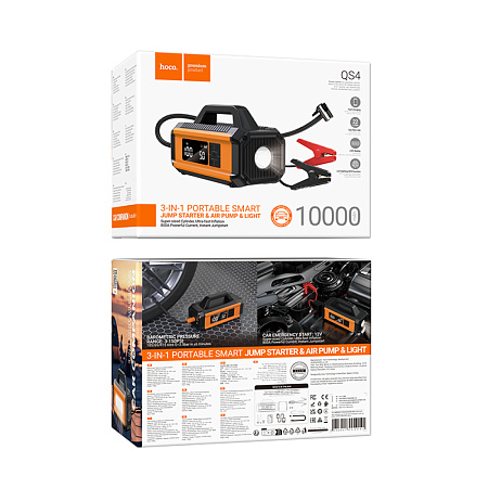 Универсальный Доп. Аккумулятор 10000mAh, QS4, HOCO,12V(запуск двигателя авто)+1USB (5V/2A)+компрессор+фонарик, черный