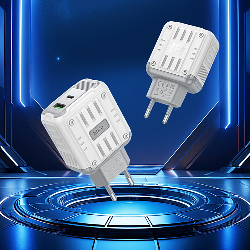 Сетевое зарядное устройство, 1 PD 45W + 1 USB 3.0 QC (C136A), HOCO, Type-C to Lightning, белый