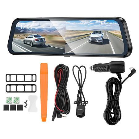 Видеорегистратор DV16, HOCO, зеркало заднего вида, камера заднего вида, черный