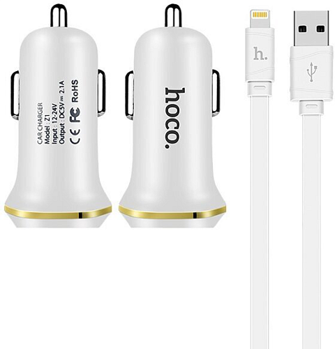 Автомобильное зарядное устройство, 2 USB 2.1A (Z1), usb cable lightning, HOCO, белый