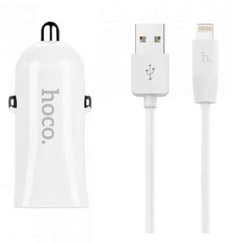 Автомобильное зарядное устройство, 2 USB 2.4A (Z12), usb cable lightning, HOCO, белый