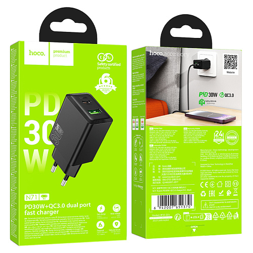 Сетевое зарядное устройство, 1 PD 30W + 1 USB 3.0 QC (N71), HOCO, черный