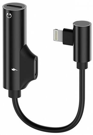 Переходник Lightning to наушники Jack+зарядка, угловой со шнуром, без bluetooth, музыка+зарядка, черный