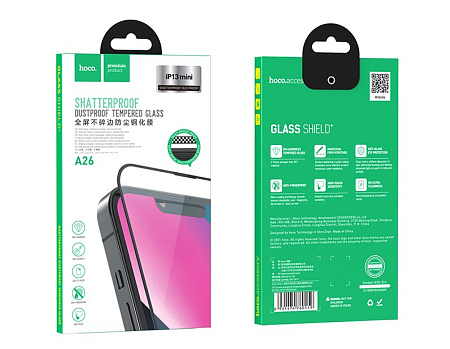 Защитное стекло на iPhone 13 mini (5.4) A26, HOCO, Full screen dustproof tempered glass, с сеточкой для динамика, черное