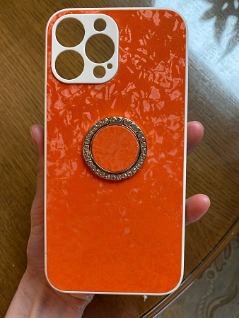 Чехол силиконовый для iPhone 13 Pro Max (6.7), с подставкой кольцом на палец со стразами, X-CASE, оранжевый