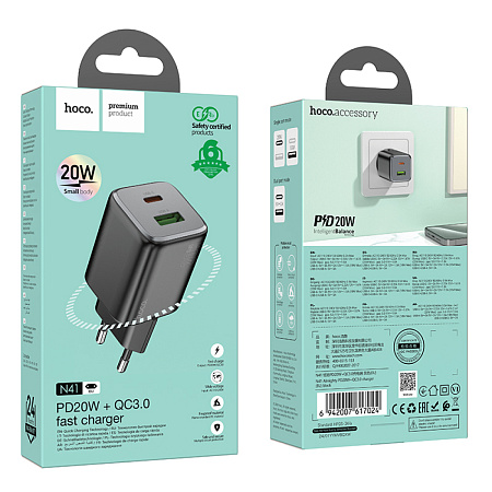Сетевое зарядное устройство, 1 PD 20W + 1 USB 3.0 QC (N41), HOCO, черный