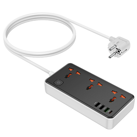 Сетевой фильтр на 3 розетки, 1 USB (18W QC)+ 2 USB, 1 PD (30W), 1.5м, AC8A, HOCO, черный