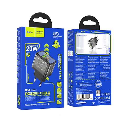 Сетевое зарядное устройство, 1 PD 20W + 1 USB 3.0 QC (N34), HOCO, прозрачный черный