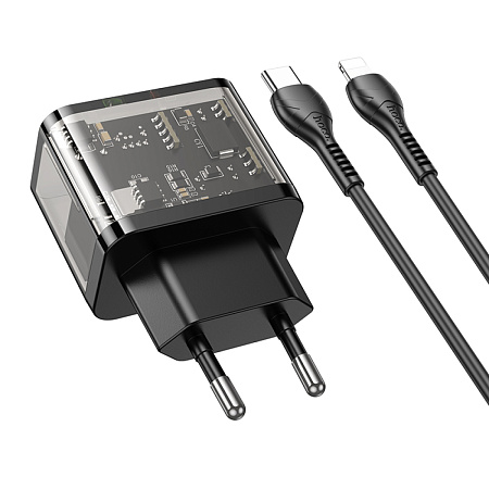Сетевое зарядное устройство, 1 PD 20W + 1 USB 3.0 QC (N34), HOCO, Type-C to Lightning, прозрачный черный