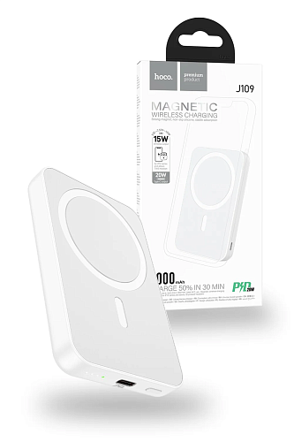 Универсальный Доп. Аккумулятор 5000mAh, J109, HOCO, выход: 1 PD 20W, беспроводная зарядка (MagSafe), белый