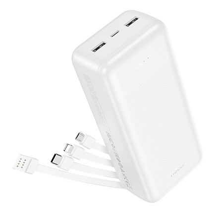 Универсальный Доп. Аккумулятор 30000mAh, J163B, HOCO, выход: 2 USB, 1 PD (20W), кабель: Type-C, Lightning, Micro, белый