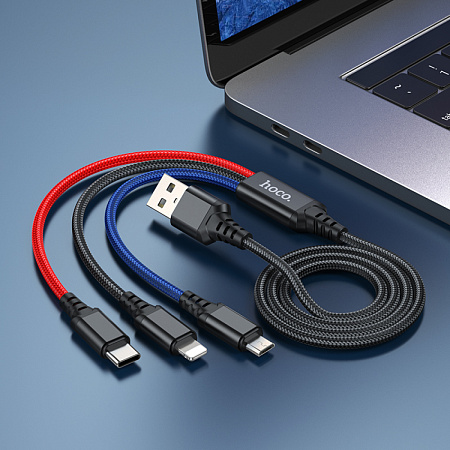 USB дата кабель Lightning+Micro+Type-C, X76, HOCO, черный, красный, синий