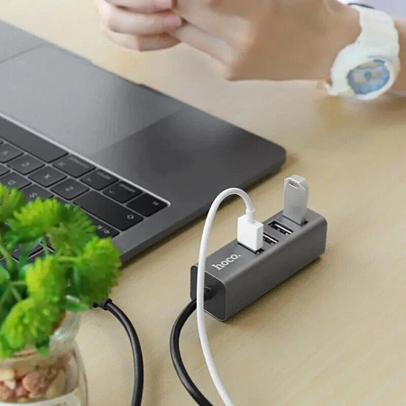 USB Хаб (HB1) c 1 USB на 4 USB, HOCO, серый