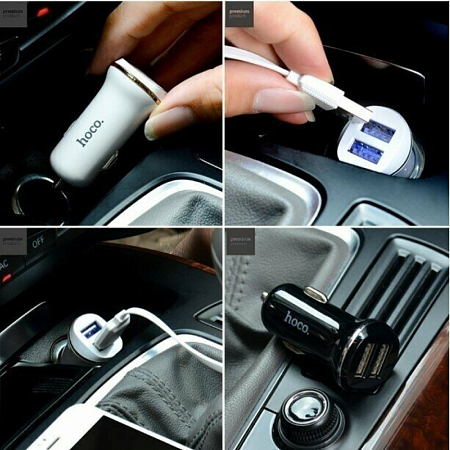 Автомобильное зарядное устройство, 2 USB 2.1A (Z1), usb cable lightning, HOCO, белый