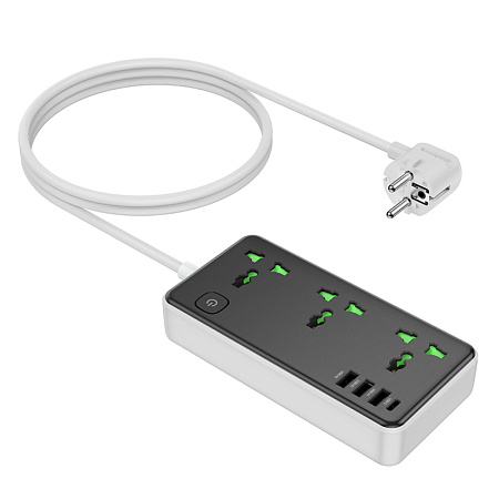 Сетевой фильтр на 3 розетки, 3 USB,  1 PD, 1.5м, AC7A, HOCO, черный