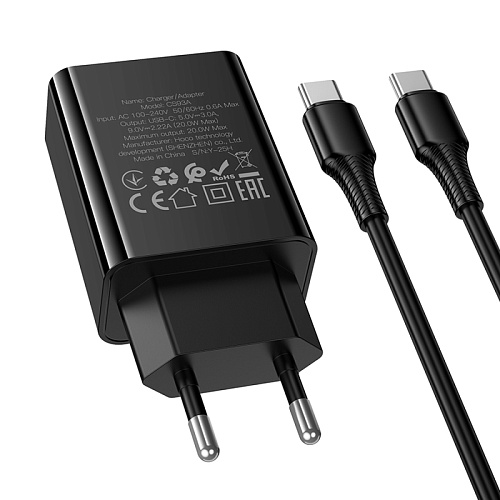 Сетевое зарядное устройство, 1 PD 20W  (CS93A), HOCO, Type-C to Type-C, черный
