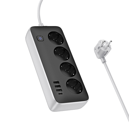 Сетевой фильтр на 4 розетки+3 USB+1 PD, 1.5 м, AC21, Sunlight, HOCO, черный