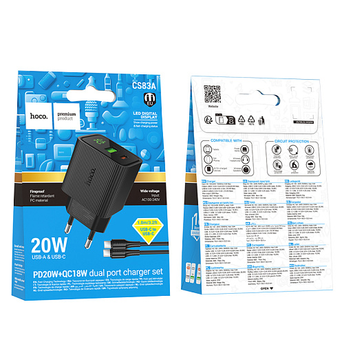 Сетевое зарядное устройство, 1 PD 20W + 1 USB 3.0 QC (CS83A), HOCO, Type-C to Type-C, с дисплеем, черный