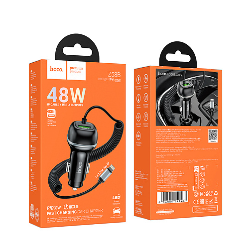 Автомобильное зарядное устройство, 1 USB QC3.0 18W, витой кабель Lightning (Z58B), HOCO, черный