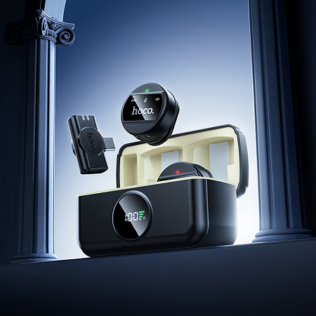 Беспроводной микрофон (2 шт) с приемником для Type-C и Lightning, L22, HOCO, черный