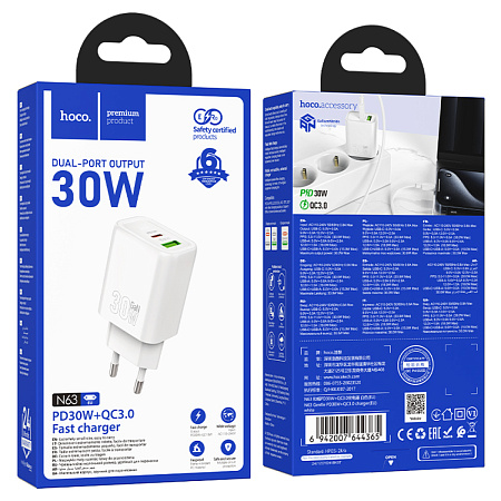 Сетевое зарядное устройство, 1 USB 3.0 QC+1 PD 30W (N63), HOCO, белый