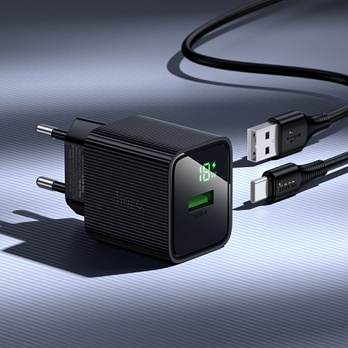 Сетевое зарядное устройство, 1 USB 3.0 QC (CS81A), HOCO, Type-C, с дисплеем, черный