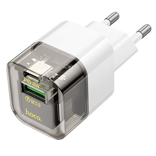 Сетевое зарядное устройство, 1 PD 30W + 1 USB 3.0 QC (C131A), HOCO, прозрачный с черным