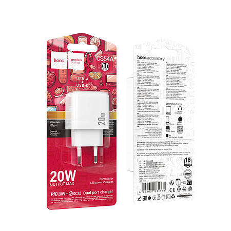 Сетевое зарядное устройство, 1 USB 3.0 QC+1 PD 20W (CS54A), HOCO, белый