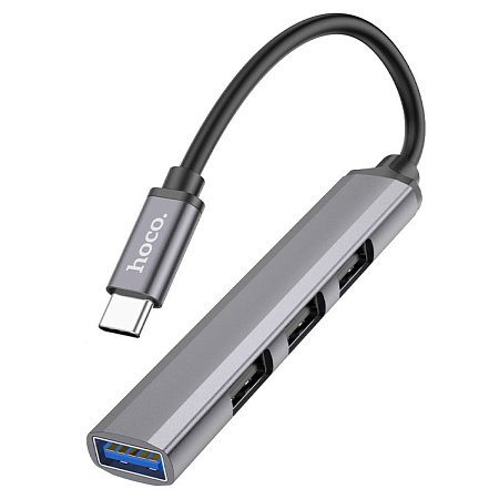 USB Хаб (HB26) c 1 Type-C на 1 USB 3.0 + 3 USB 2.0, HOCO, металлический серый