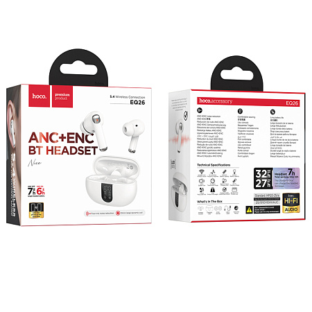 Беспроводные наушники EQ26, HOCO, заряд в процентах, шумоподавление ANC+ENC, белый