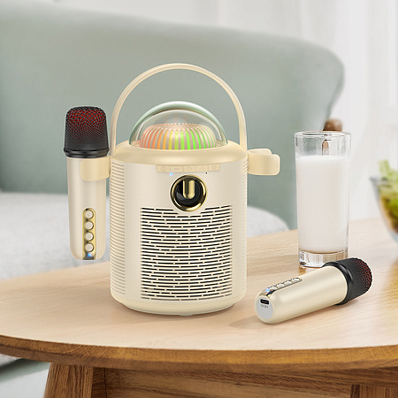 Колонка BS59, +2 беспроводных микрофона, с дискошаром, Pearlescent BT speaker with mic, HOCO, бежевая