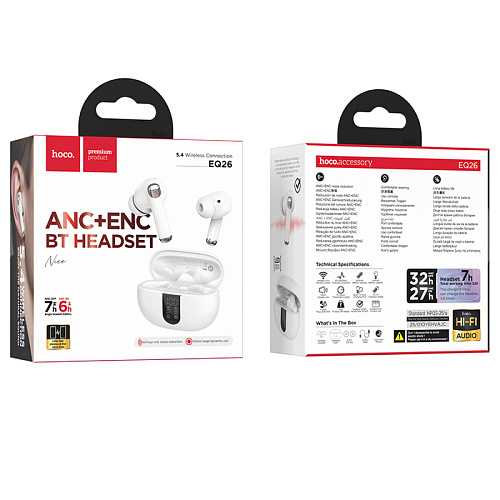 Беспроводные наушники EQ26, HOCO, заряд в процентах, шумоподавление ANC+ENC, белый