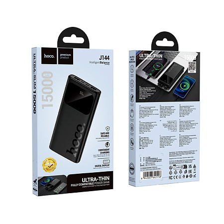 Универсальный Доп. Аккумулятор 15000mAh, J144, HOCO, выход: 2 USB (5V/2.0A), черный