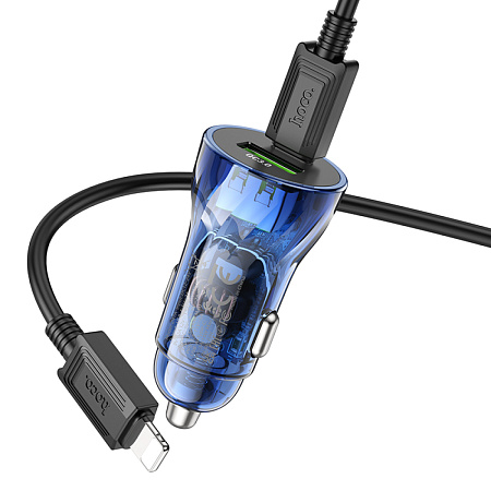 Автомобильное зарядное устройство, 1 USB QC3.0+1 PD 30W (Z47A), HOCO, кабель Type-C to Lightning, прозрачный с синим