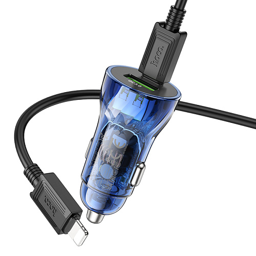Автомобильное зарядное устройство, 1 USB QC3.0+1 PD 30W (Z47A), HOCO, кабель Type-C to Lightning, прозрачный с синим