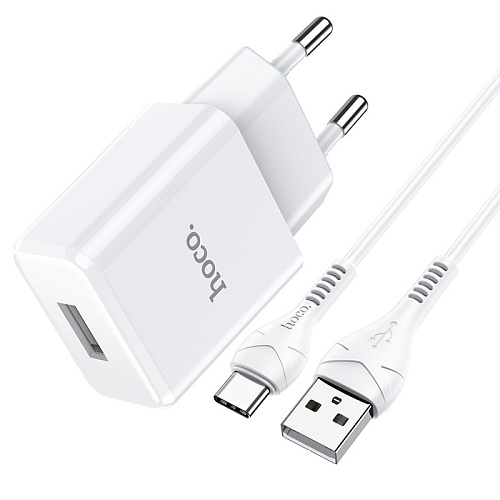 Сетевое зарядное устройство, 1 USB 2.1A (N9), HOCO, Type-C, Fast Charge, Безопасный сертификат, белый