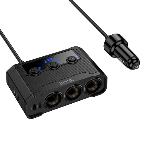 Разветвитель прикуривателя на 2 USB 5В 2.4А + 2 PD 5В 3А + 3 прикуривателя на проводе Z64, с дисплеем, черный