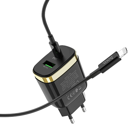 Сетевое зарядное устройство, 1 PD 18W + 1 USB 3.0 QC (C79A), HOCO, Type-C to Lightning, черный