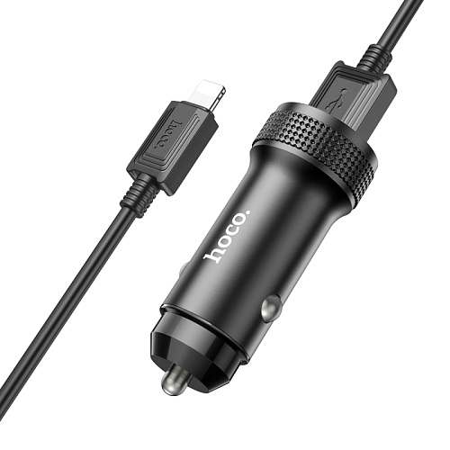 Автомобильное зарядное устройство, 2 USB 2.4A (Z49), usb кабель lightning, HOCO, черный