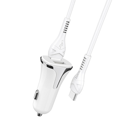 Автомобильное зарядное устройство, 2 USB 3.4A 18W QC3.0 (Z31), usb cable Type-C, HOCO, белый