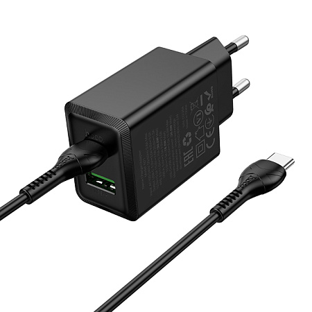 Сетевое зарядное устройство, 1 PD 30W + 1 USB 3.0 QC (N71), HOCO, Type-C to Type-C, черный