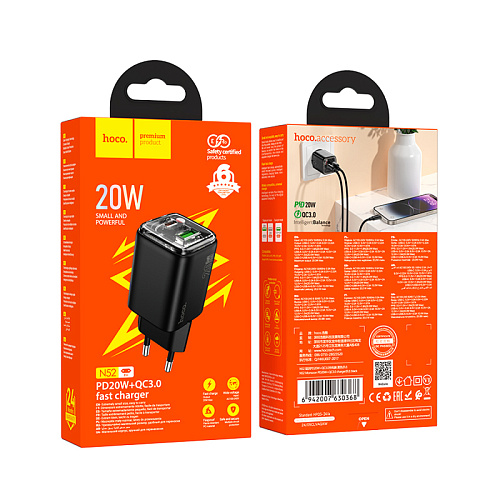 Сетевое зарядное устройство, 1 PD 20W + 1 USB 3.0 QC (N52), HOCO, черный