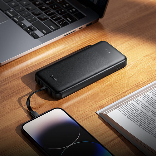 Универсальный Доп. Аккумулятор 10000mAh, J163, HOCO, выход: 2 USB, 1 PD (20W), кабель: Type-C, Lightning, Micro, черный